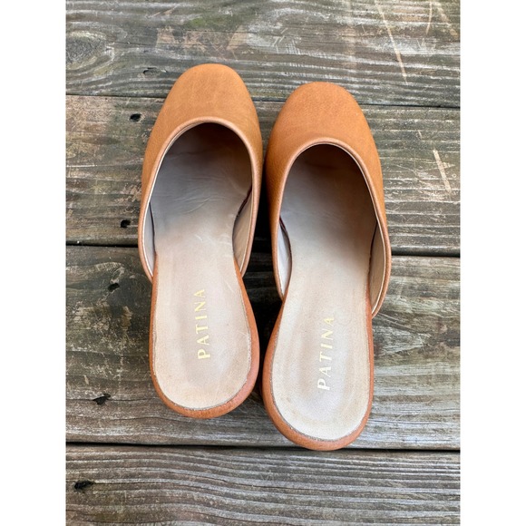 Patina Tan Leather Block Heel Mules Slip On Almond Toe Shoes Size 11 - Picture 6 of 8